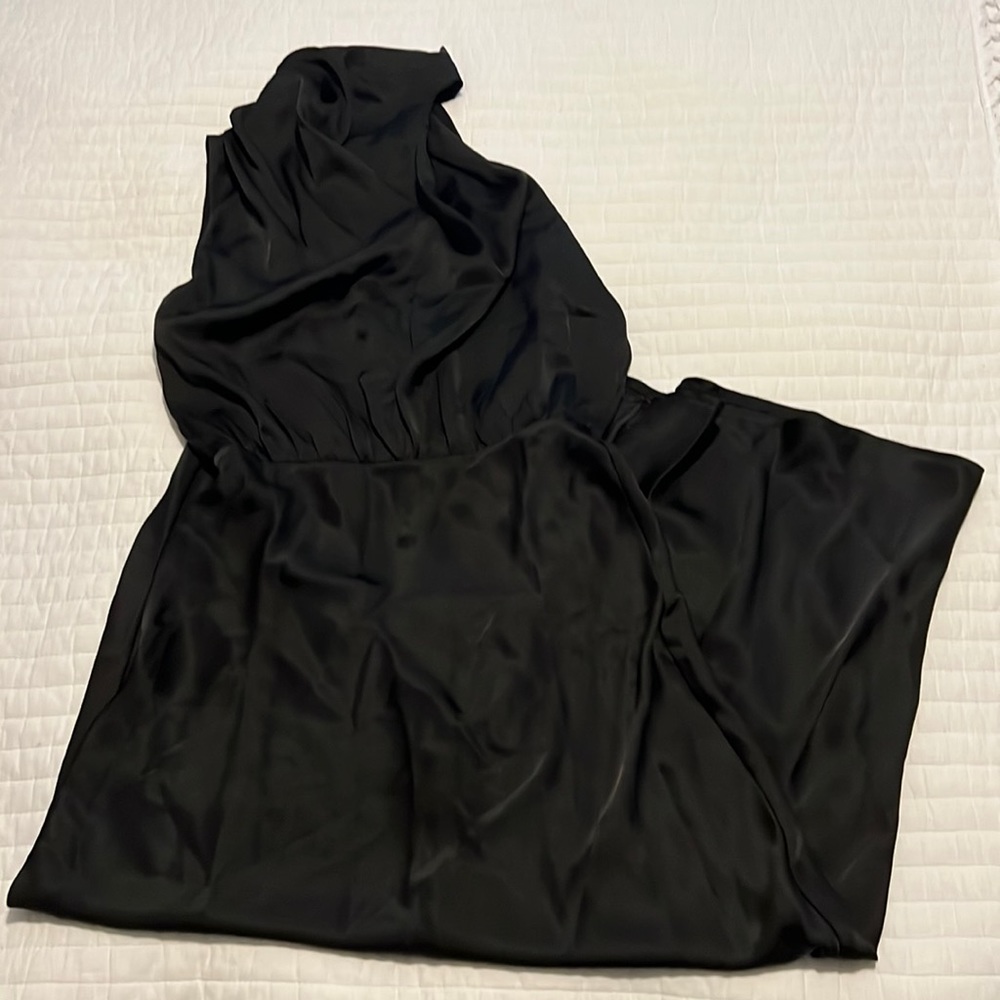 Black satin high neck mid length dress